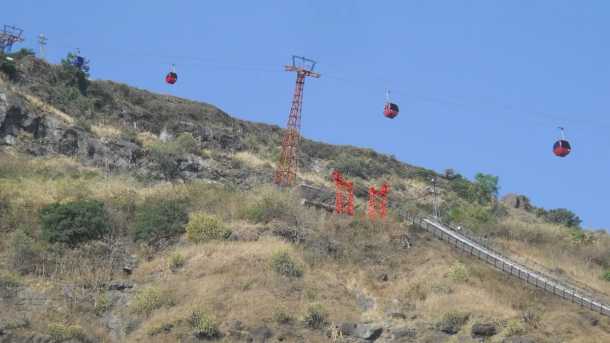 Scenic ropeway cable car climbing Pavagadh Hill