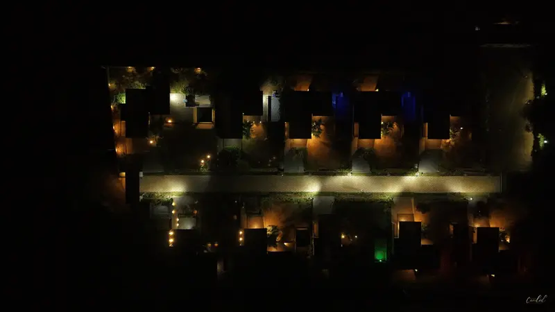 Resort landscape with ambient night lighting